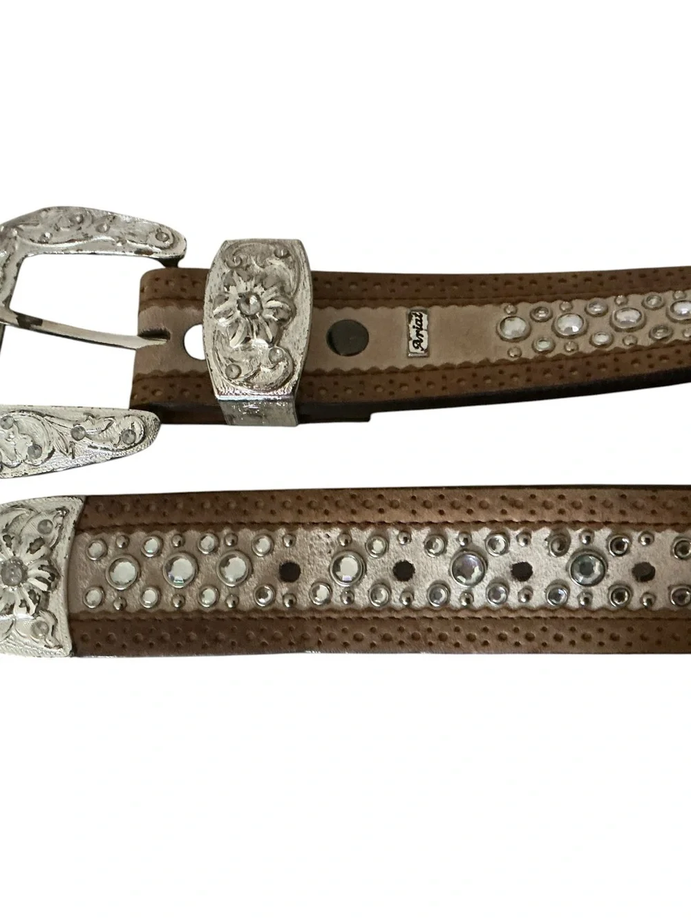 90s Vtg ARIAT belt brown embroidered leather silver floral buckle & rhinestones